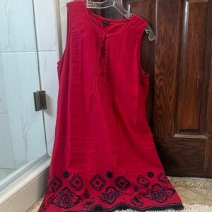 Talbots Sleeveless Red Dress with Black Embroidery